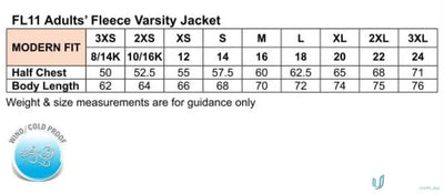 Fleece varsity jacket size chart for Heart Foundation EMB Letterman Jacket showing premium fabric