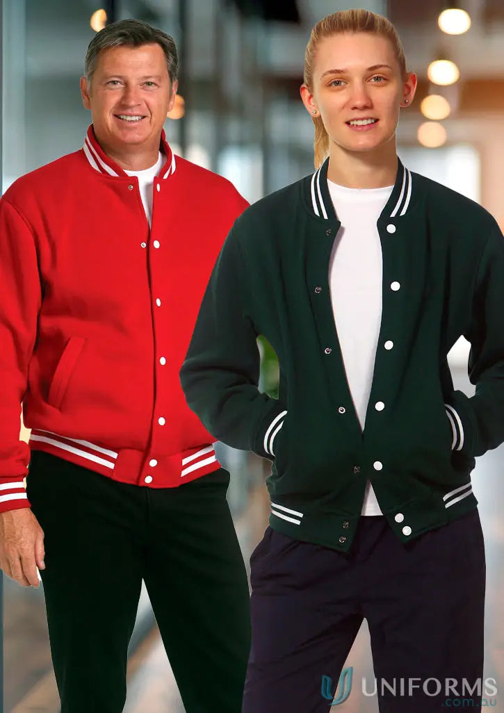 Two people showing off Heart Foundation EMB Letterman Jacket in premium fabric and fleece varsity style