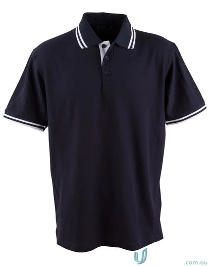 Dark blue Heart Foundation Mens Pique Polo with white stripe sleeve and collar