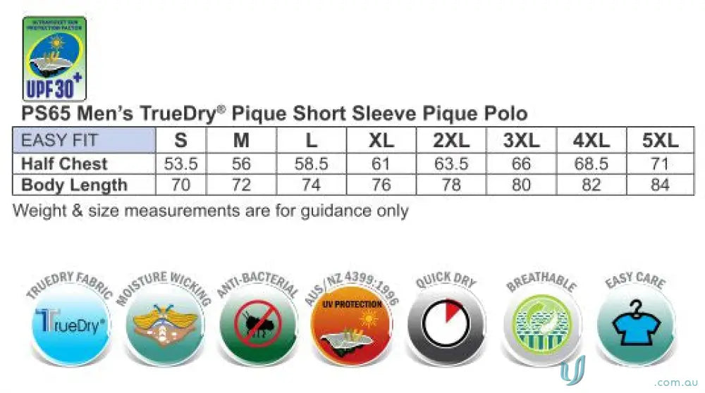 Size chart and features for Heart Foundation Men’s TrueDry Pique Short Sleeve Polo shirt