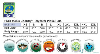 Size chart and features of Heart Foundation Men’s Polo with cooldry® polyester mini and flat knitted collar