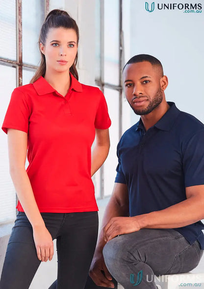 Two guys modeling Heart Foundation EMB Men’s Polo in red and navy with flat knitted collar