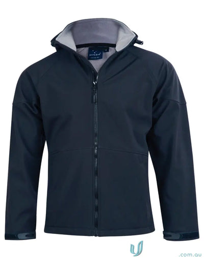 Heart Foundation Men’s jk33 Aspen Softshell Hood Jacket with full zipper, dark blue color
