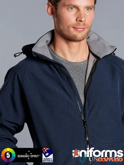 Dark blue jk33 Aspen Softshell jacket with removable hood and grey fleece lining
