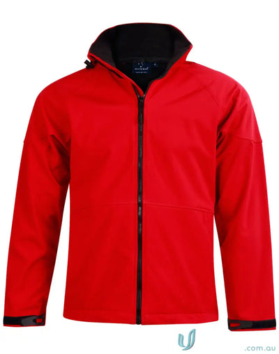 Red jk33 Aspen Softshell Hood Jacket with black collar and zipper, four-way stretch softshell style