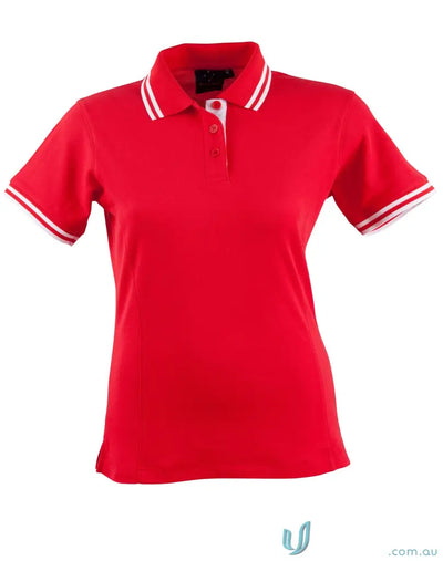 Red pique short sleeve polo shirt with white stripes for Winning Spirit Ladies PS66