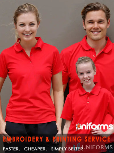 Three people in matching red Heart Foundation EMBx2 Ladies Polo shirts showcasing ps82 verve style