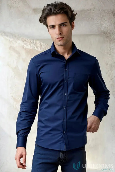 Dark blue men’s long-sleeved shirt from Heart Foundation EMIbx2 with modern narrow collar