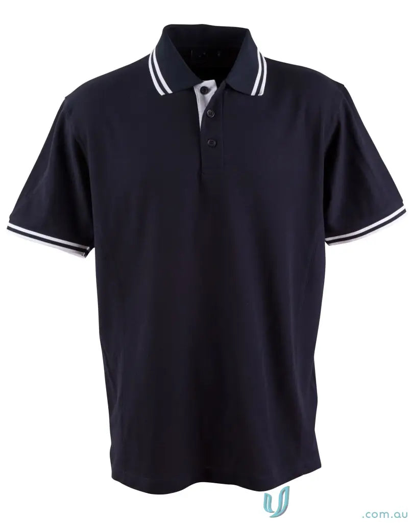Dark blue Heart Foundation Pique Short Sleeve Polo with white stripes for winning spirit grace
