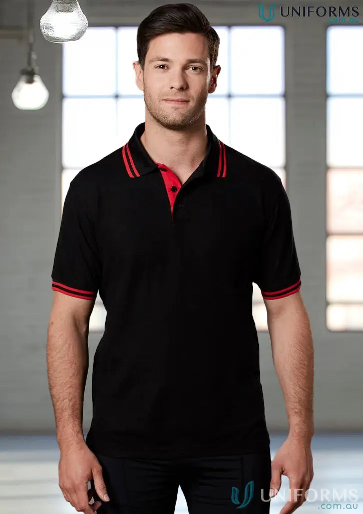 Men’s black pique short sleeve polo shirt with red trim from Heart Foundation EMBx2