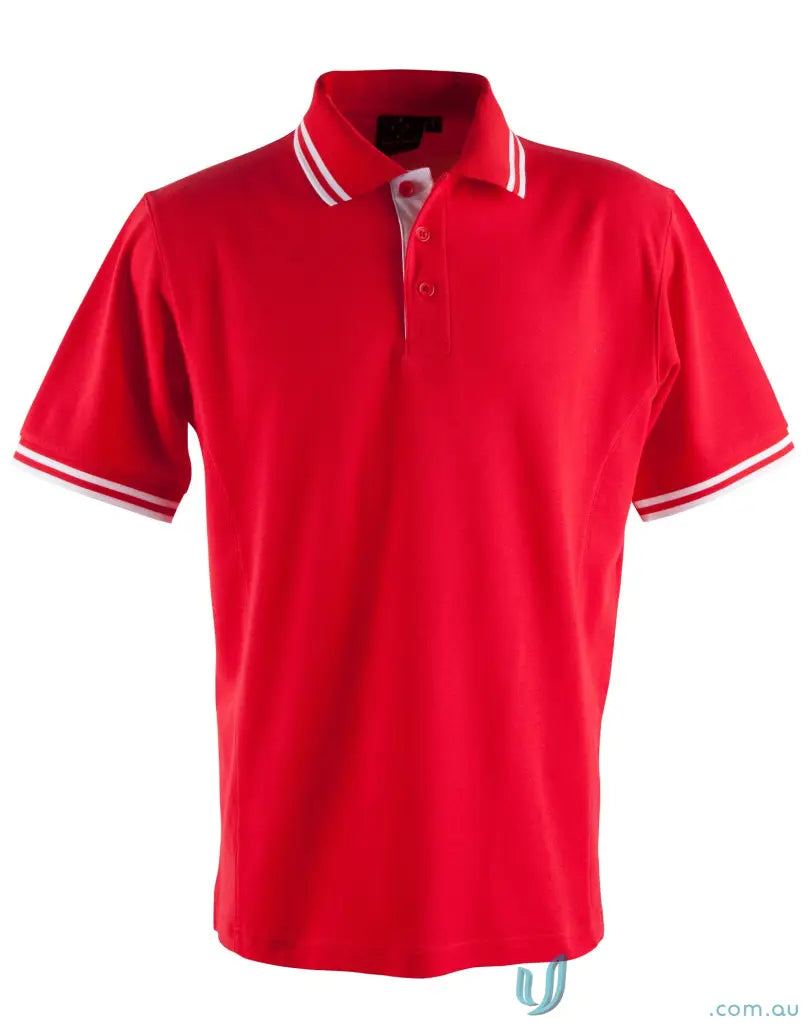 Vibrant red pique short sleeve polo shirt with white stripes for winning spirit grace