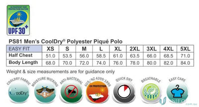 Sizing chart and features for Heart Foundation EMBx2 men’s CoolDry polyester polo with flat knitted collar