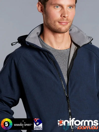 Man in navy jk33 Aspen softshell hood jacket with grey fleece lining for winning spirit Aspen