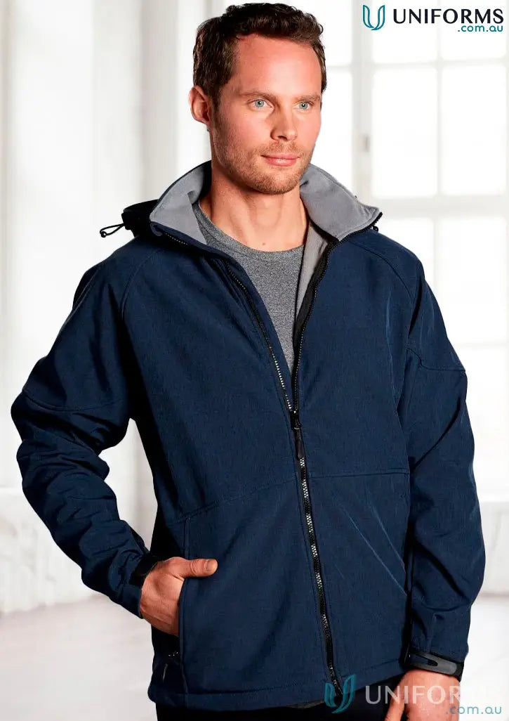 Navy blue Heart Foundation EMBx2 men’s waterproof jacket with gray collar and zipper