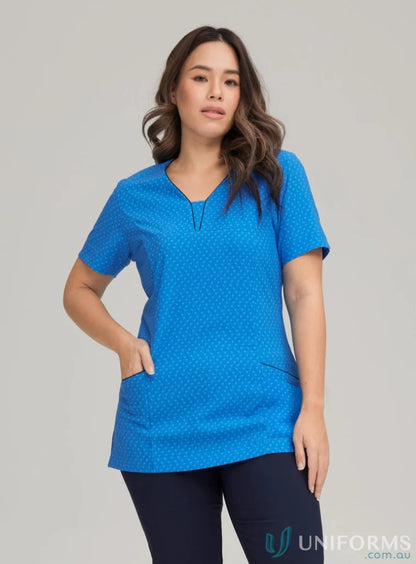 Blue patterned scrub top from Heart Print Tunic with 4-way stretch in City Collection Heart