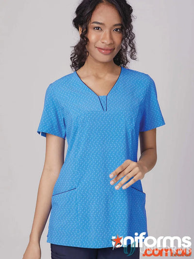 Blue patterned scrub top from Heart Print Tunic in the City Collection Heart with 4-way stretch