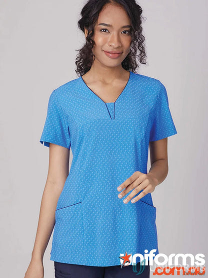 Blue patterned scrub top from Heart Print Tunic in the City Collection Heart with 4-way stretch