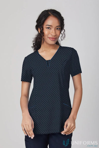 Patterned V-neck scrub top from Heart Print Tunic with City Collection Heart 4-way stretch