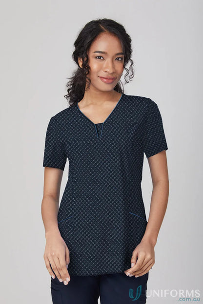 Patterned V-neck scrub top from Heart Print Tunic with City Collection Heart 4-way stretch