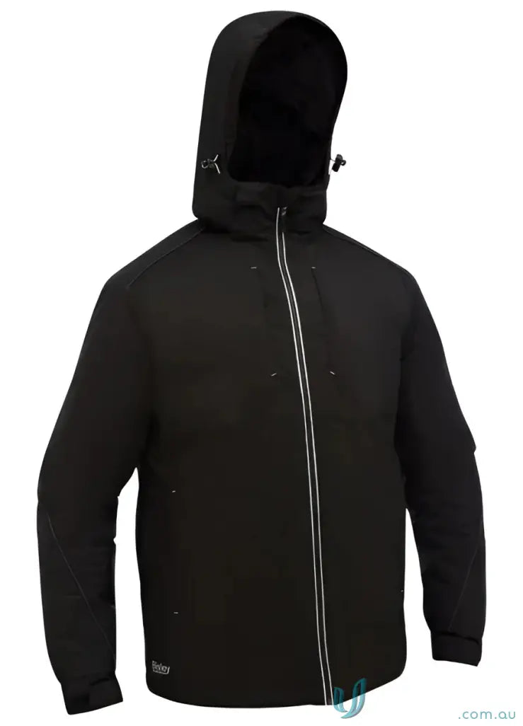 Black hooded heated jacket with diagonal white-striped zipper for weather protection