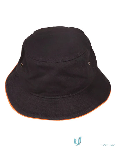 Black bucket hat with orange trim made from heavy brushed cotton, ch31 soft washed style