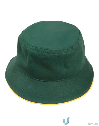 Green bucket hat with yellow trim made of heavy brushed cotton for a chill look