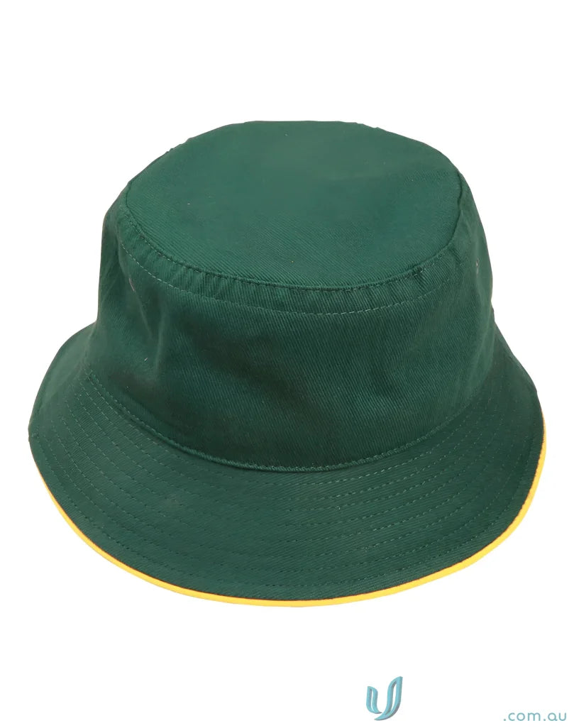 Green bucket hat with yellow trim made of heavy brushed cotton for a chill look