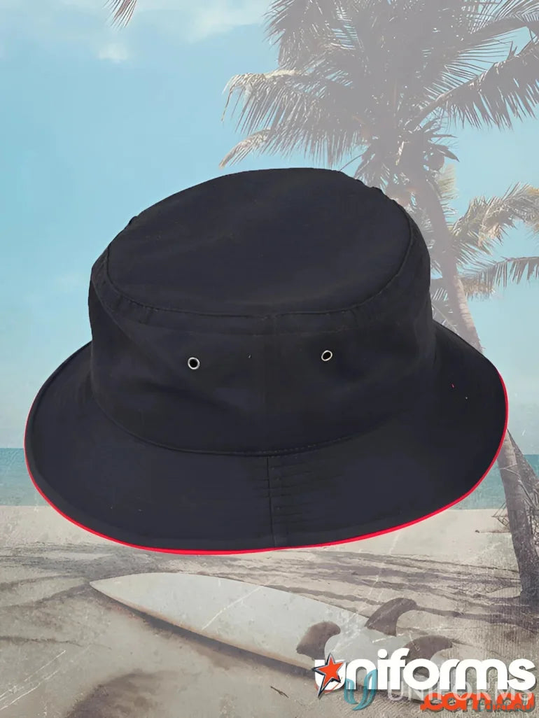 Black bucket hat with red trim made from heavy brushed cotton, part of CH31 soft washed collection