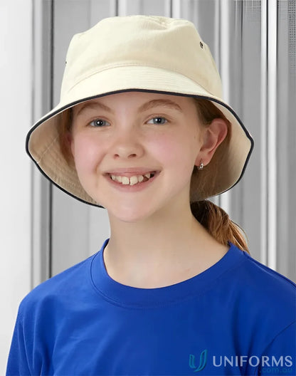 Beige heavy brushed cotton bucket hat with black trim from Winning Spirit ch31 soft washed line