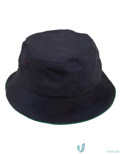 Dark blue heavy brushed cotton bucket hat with green trim in ch31 soft washed style