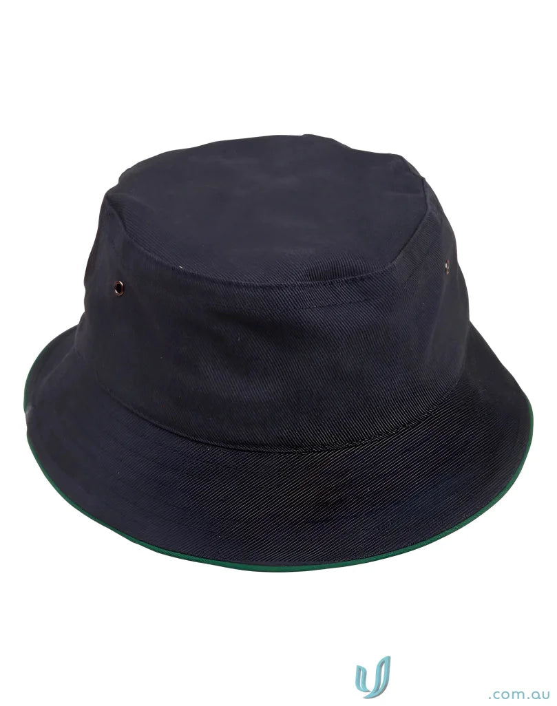 Dark blue heavy brushed cotton bucket hat with green trim in ch31 soft washed style