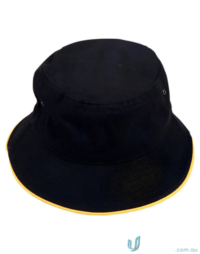 Heavy brushed cotton bucket hat with black color and yellow trim for stylish chill days