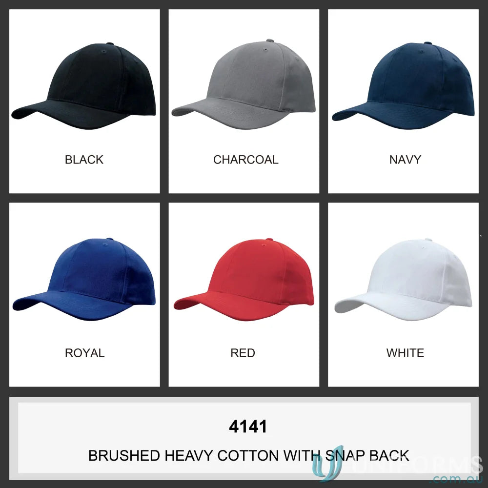 Assorted baseball caps from Heavy Brushed Cotton Snap Back Cap with a wide inch stock range