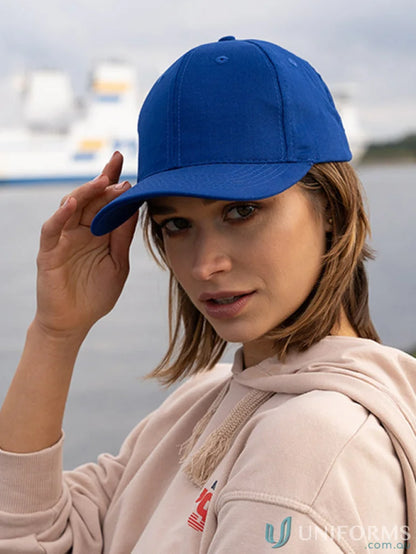 Blue baseball cap from Heavy Brushed Cotton Snap Back Cap in stock range, wide inch fit