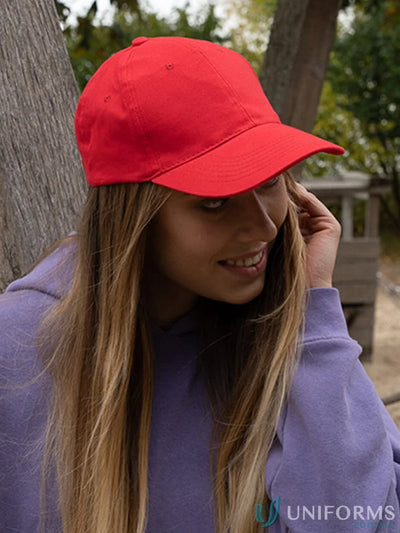 Red baseball cap from Heavy Brushed Cotton Snap Back Cap, fits wide inch head sizes