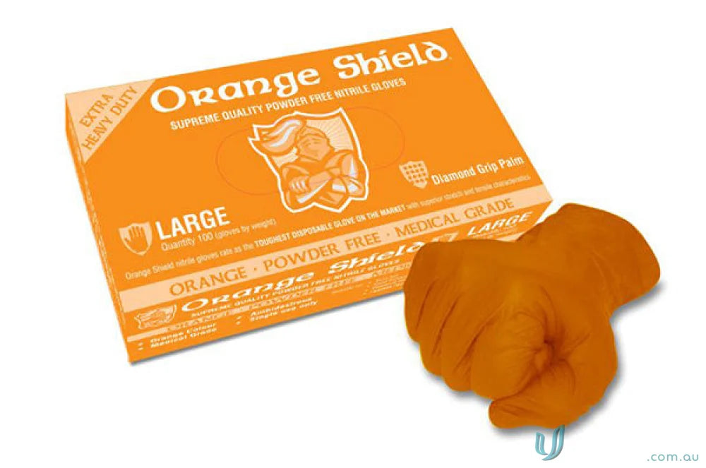 Box of orange nitrile gloves with diamond grip for workwear and uniforms