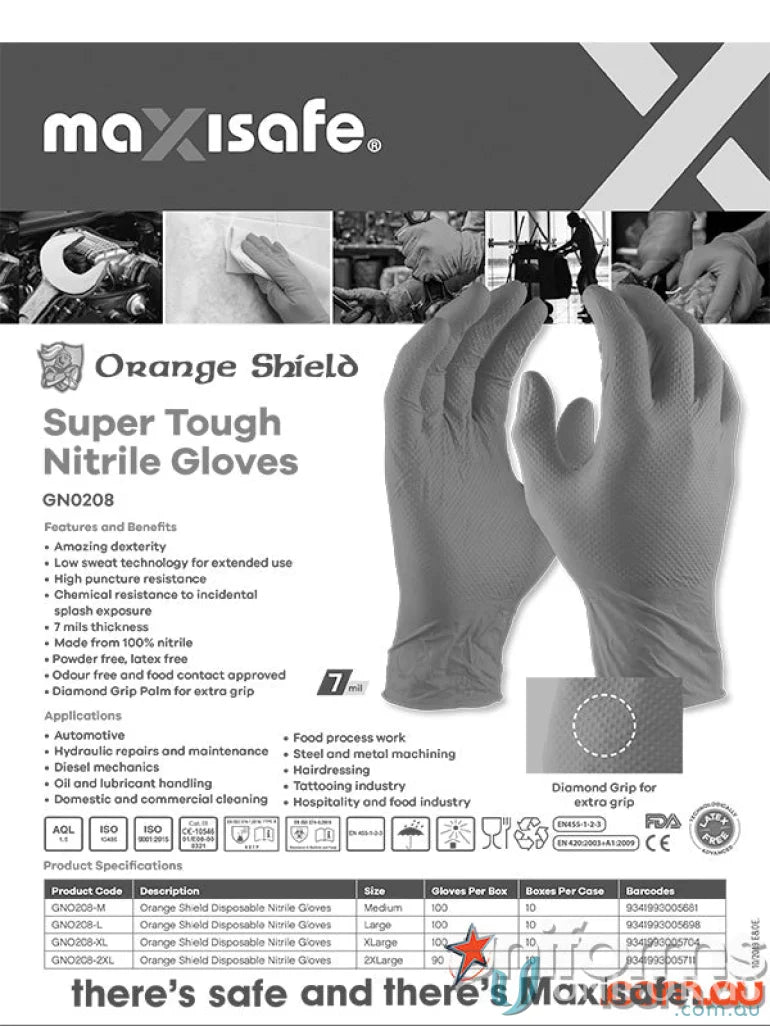 Orange Shield nitrile gloves with diamond grip for workwear and uniforms durability