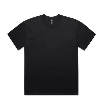 Black crew neck t-shirt with a ribbed neckline and short sleeves.