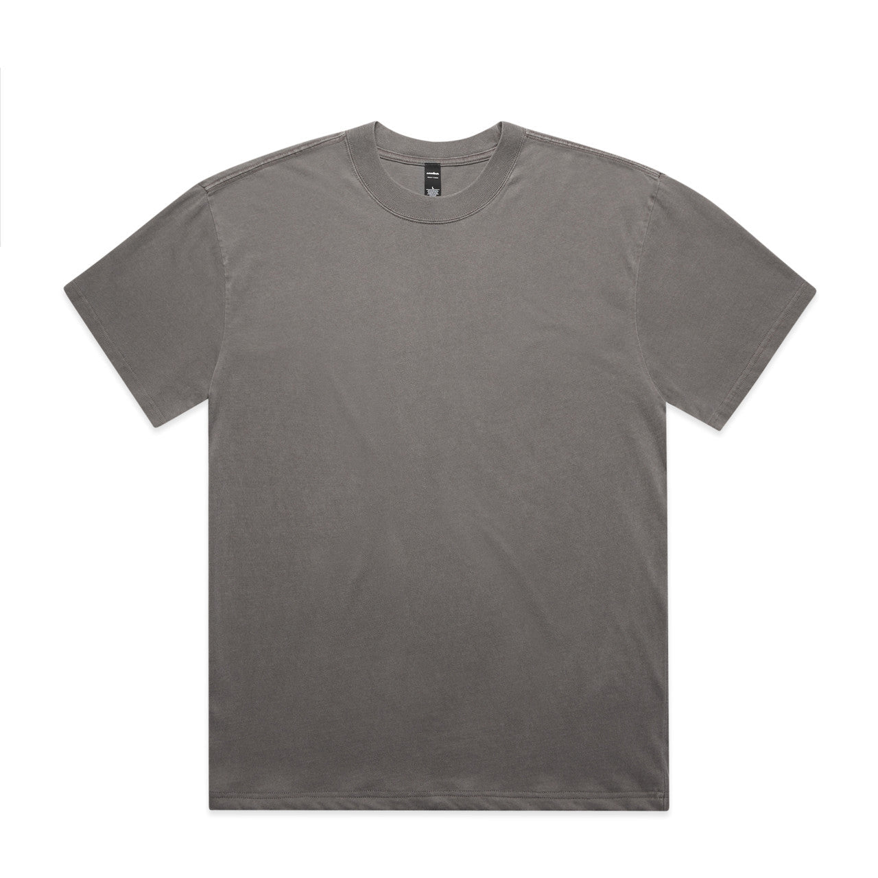Charcoal gray crew neck t-shirt with short sleeves and a simple design.