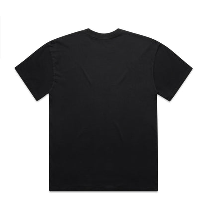 Black plain t-shirt with short sleeves and crew neck.