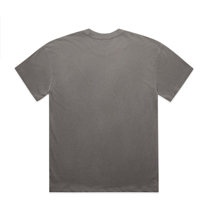 Charcoal gray crew neck t-shirt with short sleeves and a pocket on the back.