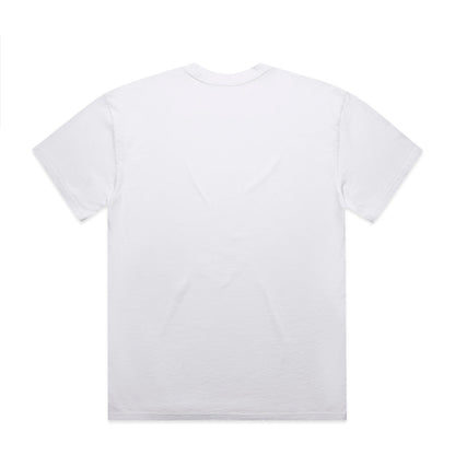 White t-shirt with a small logo on the back.
