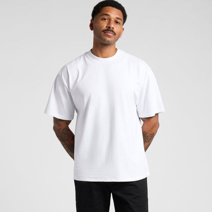 White oversized t-shirt with crew neck and short sleeves, likely made of cotton or polyester blend.