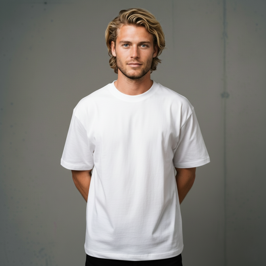 White crew neck t-shirt with short sleeves and a relaxed fit.