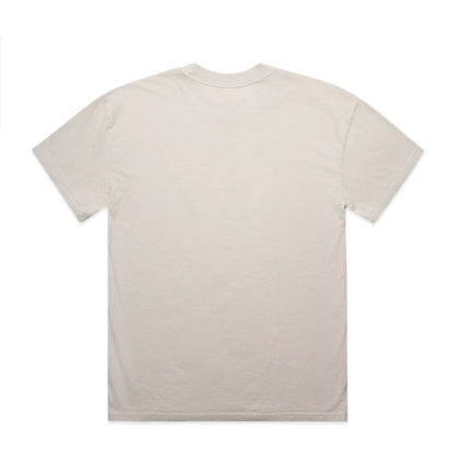 Cream-colored crew neck t-shirt with short sleeves and a relaxed fit.