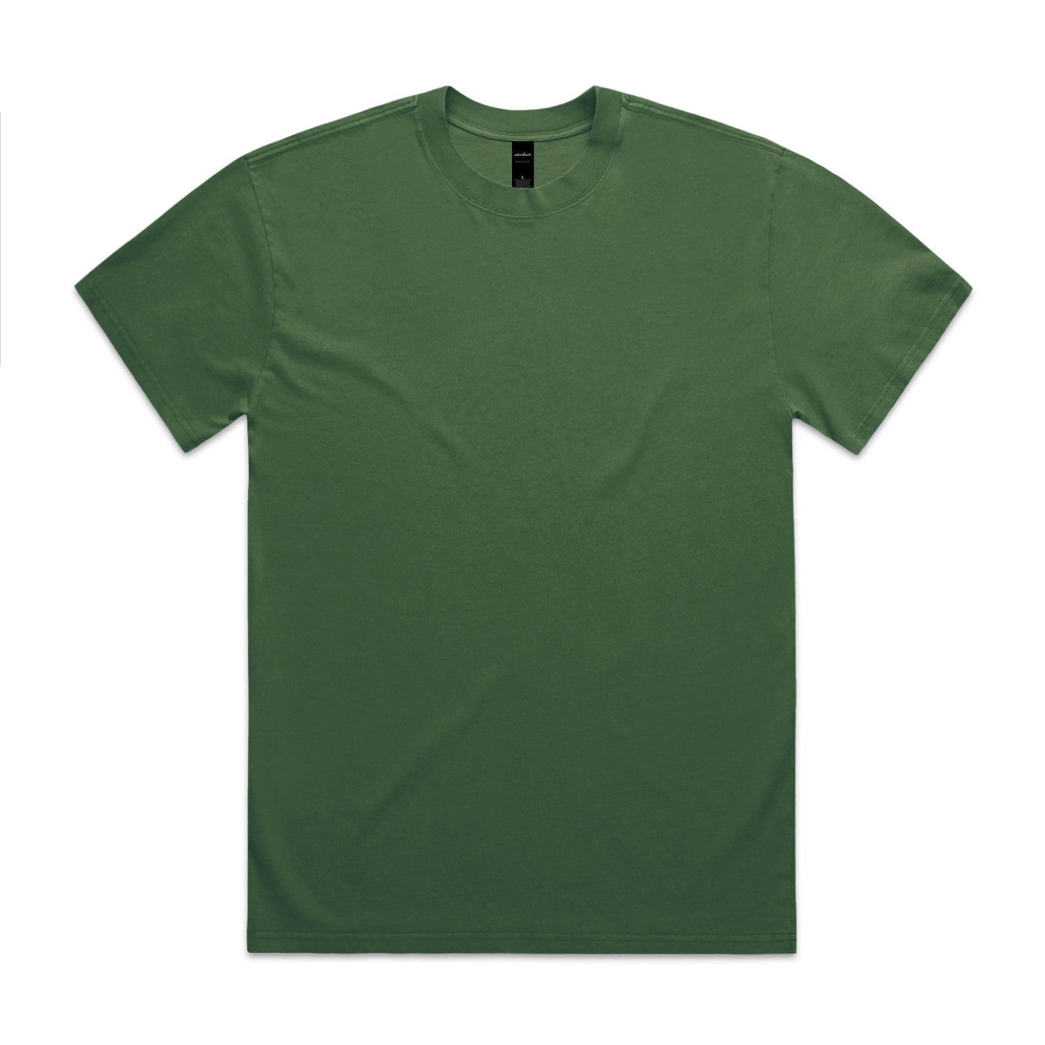 Olive green crew neck t-shirt with short sleeves and a simple design.