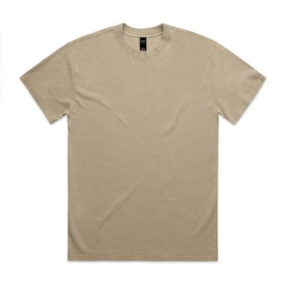 Beige crew neck t-shirt with short sleeves and a simple design.