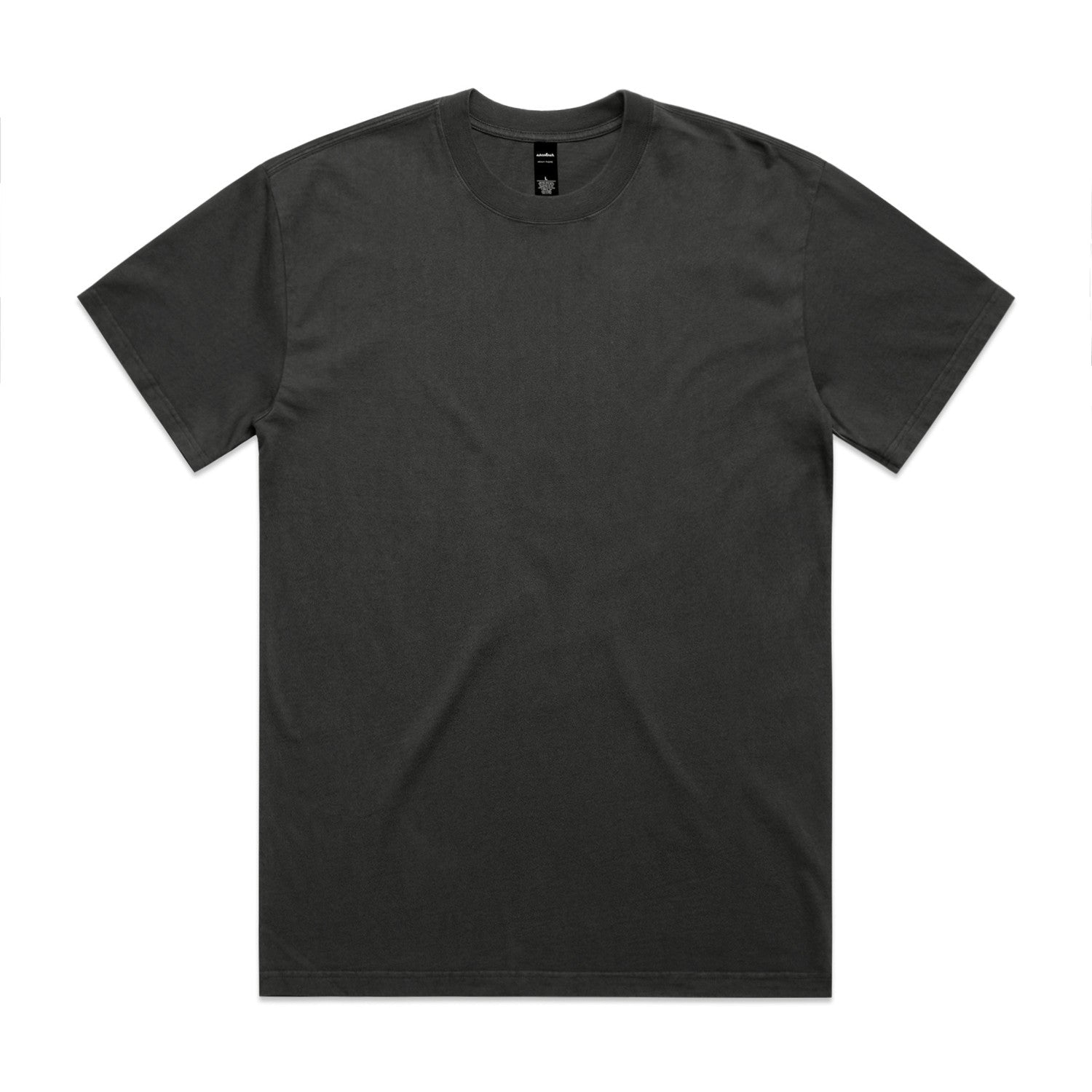 Charcoal gray crew neck t-shirt with black logo on left chest.