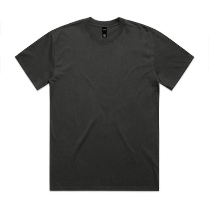 Charcoal gray crew neck t-shirt with black logo on left chest.
