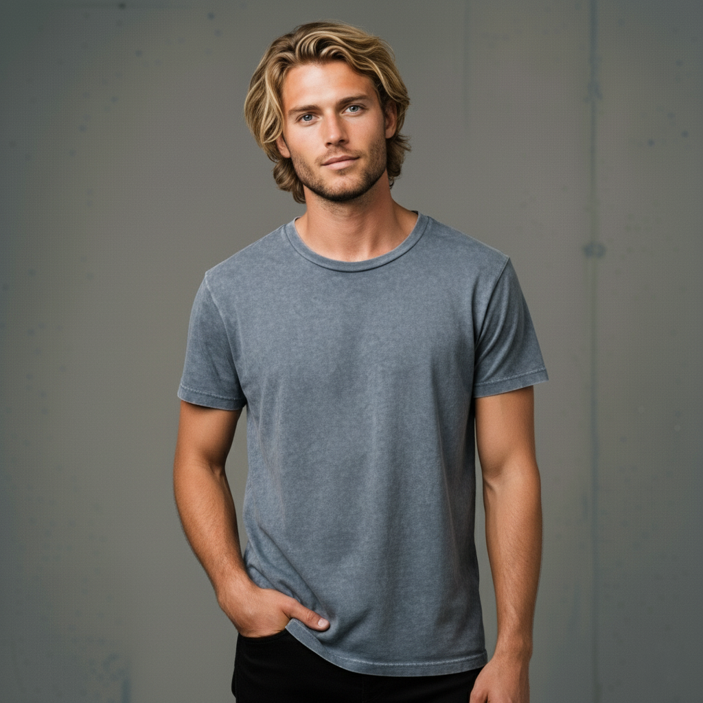 Blue washed cotton t-shirt with crew neck and short sleeves.